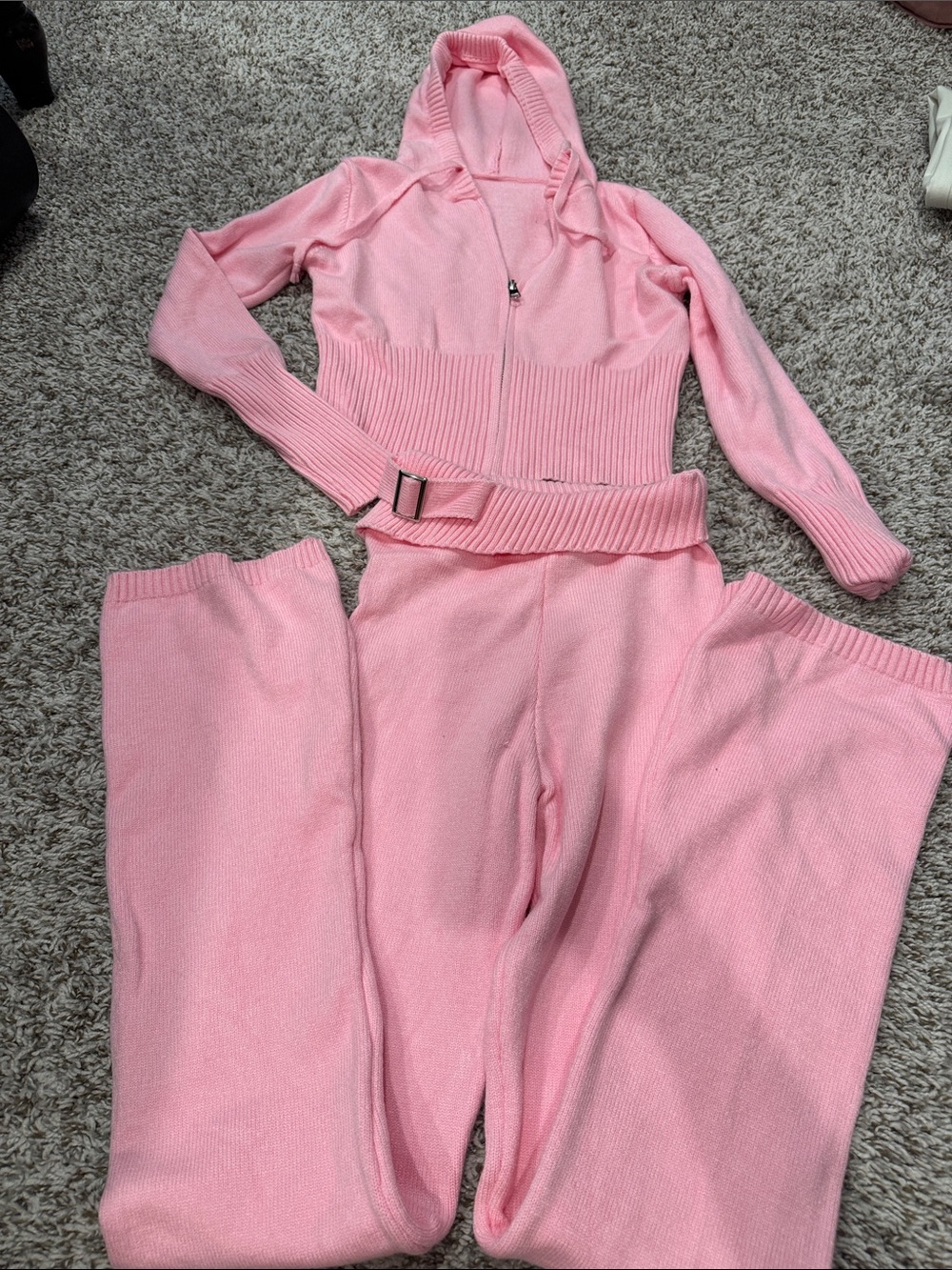 Women's Cropped Pink Knit Hoodie Top with Matching Bottoms. Great for travel!